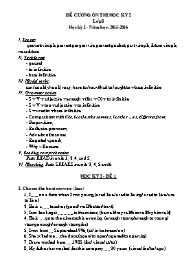 Đề cương ôn thi học kỳ 1 môn Tiếng Anh Lớp 8 - Năm học 2015-2016